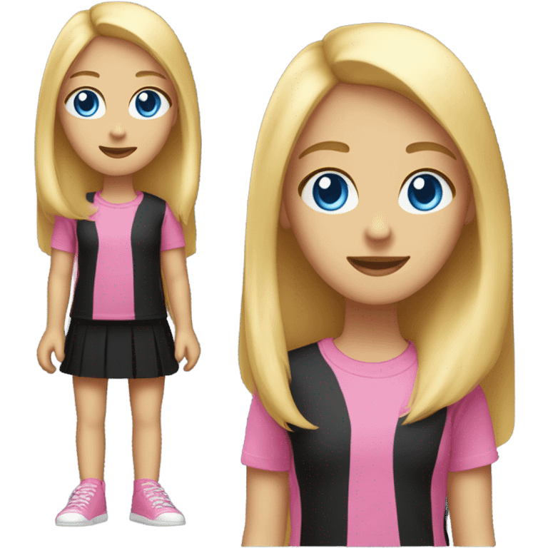 girl with long straight blonde hair, blue eyes, she wear so much make-up, has a pink t-shirt and a black skirt emoji