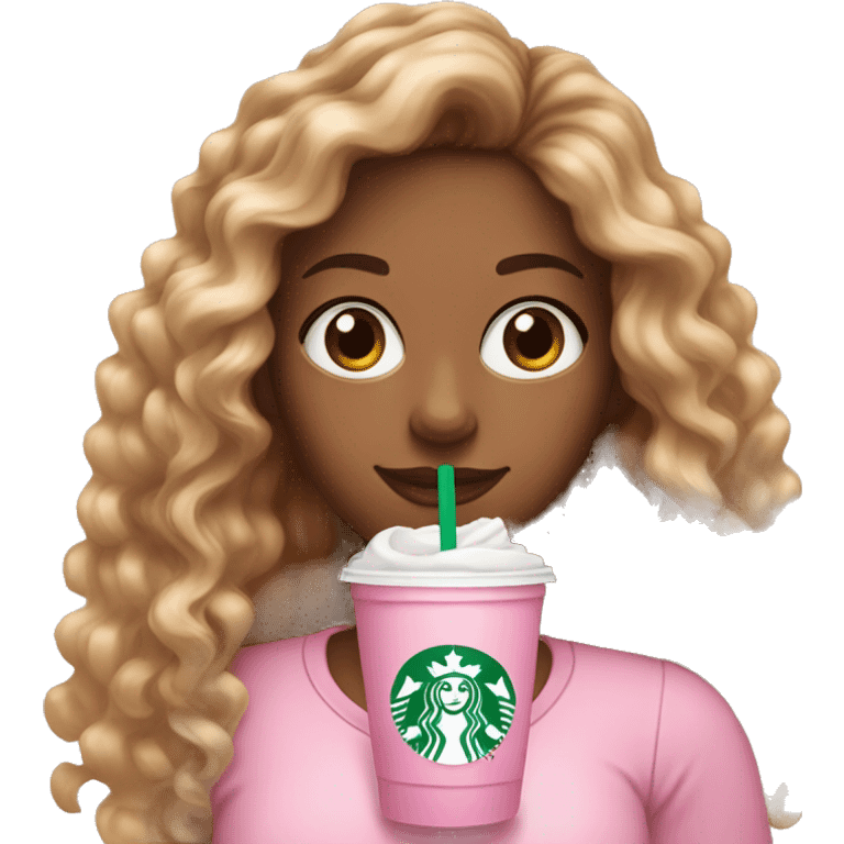 girl with brown and blonde ombré long curly hair holding Pink starbucks refresher emoji