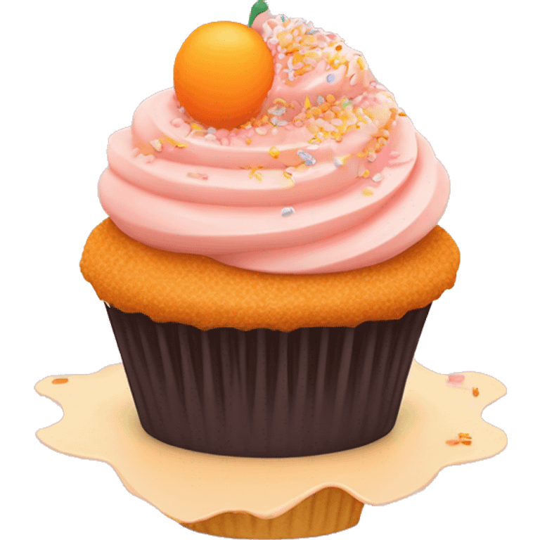 cupcake with light pink frosting and light orange cupcake holder and peach sprinkles and orange sugar sprinkles emoji