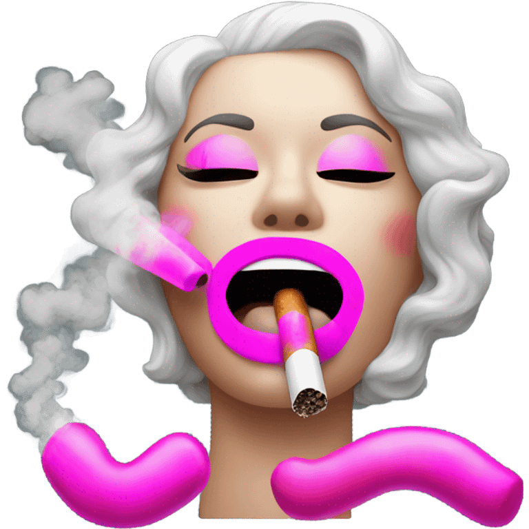 Neon pink lips are blowing smoke, and a cigarette is in her mouth emoji