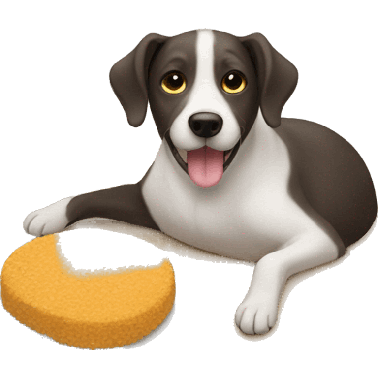 Dog laying on a food plate emoji