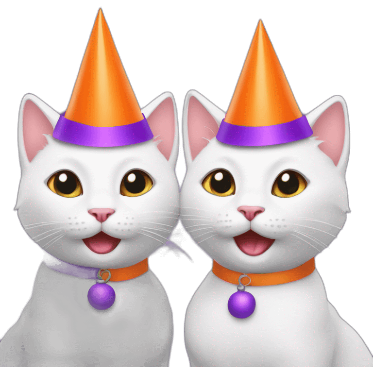 two white cats dancing with orange and purple party hats on emoji