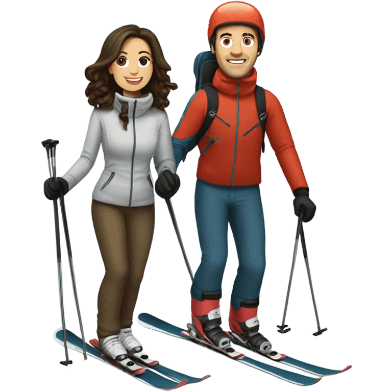 Brunette wife and husband skiing  emoji