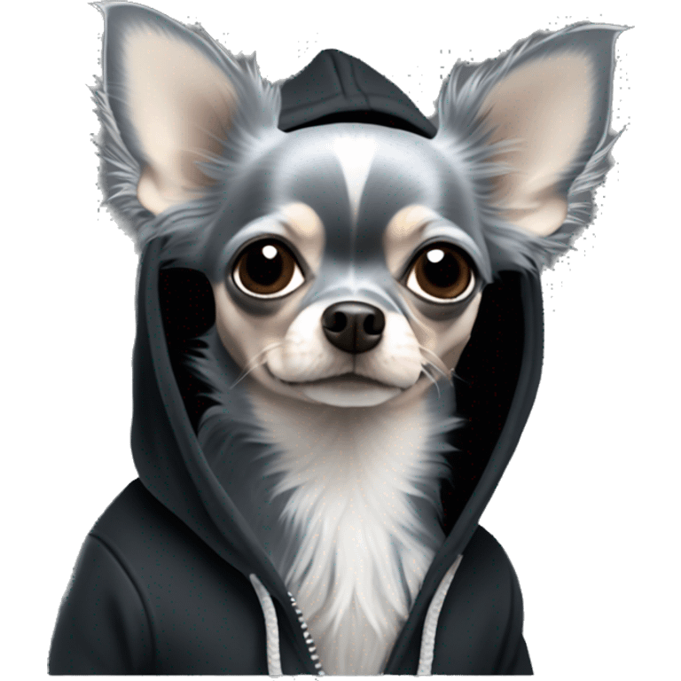 Realistic blue grey long hair chihuahua dog in a black hoody emoji