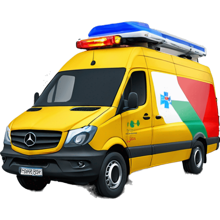 a yellow medical mercedes sprinter with red-blue lightbar and the side 1  hungarian flag and 1 OMSZ  label emoji