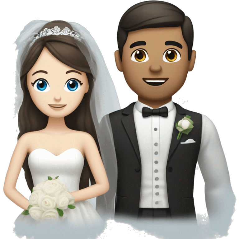 Bride with pale skin, dark brown hair & blue eyes standing with Groom with dark brown hair emoji