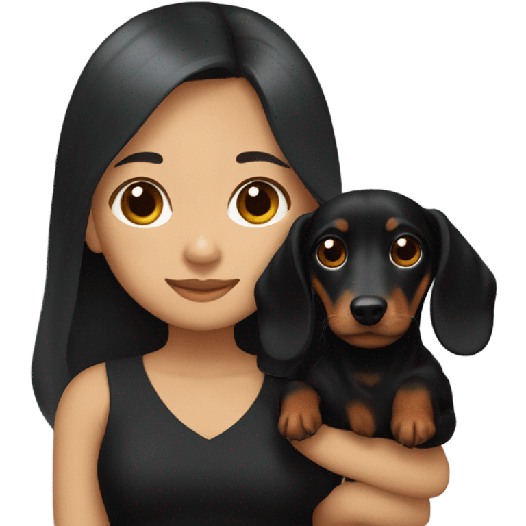 an Asian girl with long hair, wear black dress, hugging a black and tan long haired dachshund emoji