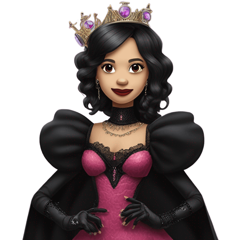  longstanding flirty Lavish black evening gown with see-through gloves, Jenna Ortega as Addams woman prom queen wearing a steampunk mini tiara, very large blood  pink evil-looking horned old dragon purse emoji