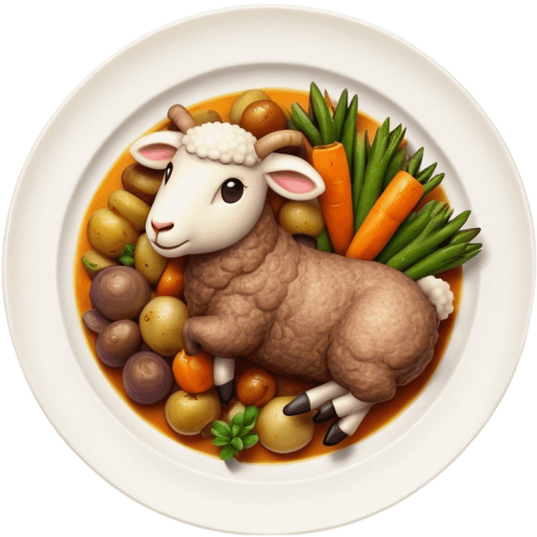 Cinematic Realistic Roast Lamb Dish Emoji, depicted with tender, succulent lamb roasted to perfection and served with seasonal vegetables, rendered with rich textures and inviting warm lighting that captures its traditional heritage. emoji