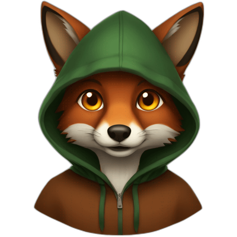 a small dark brown fox with orange eyes with a dark green hood that smile emoji