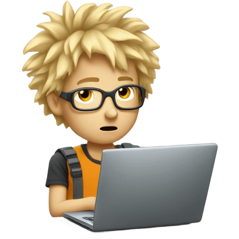 Nerdy  blonde boy gamer with crazy hair and a laptop emoji