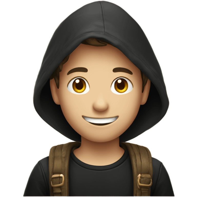 smiling boy in black shirt and with a hunter hut emoji