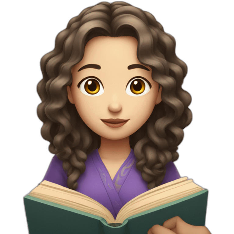 character girl with long, wavy hair and a book of Chinese  emoji