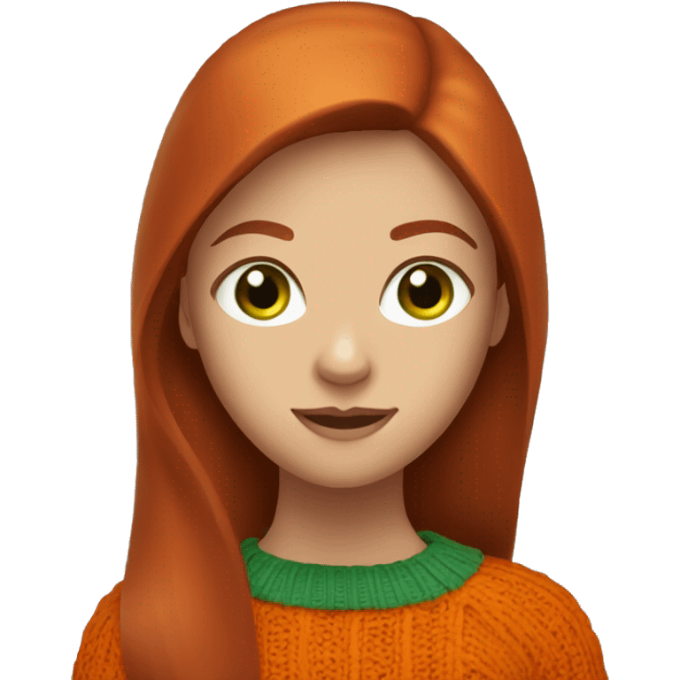 A dark redhead with straight long hair, a girl with green eyes in an orange sweater emoji