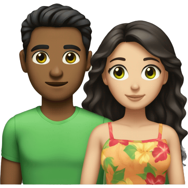 couple woman dark brown hair green eyes and hawaiian man black hair brown eyes emoji