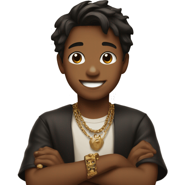 smiling boy with brown and black dog and jewelry emoji