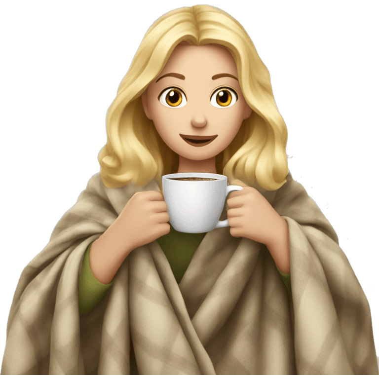 Blonde girl in blanket drinking coffee  emoji