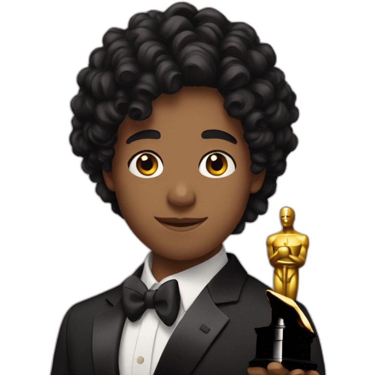 17 years old boy with a black curly hair hold an oscar emoji