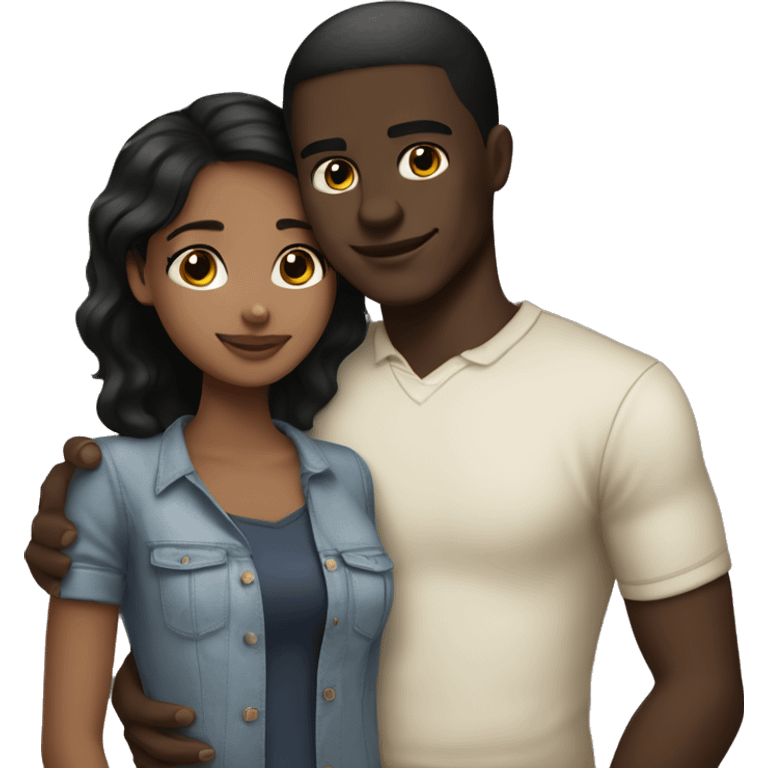 Dark brown skin black haired girl hugging light skin man emoji