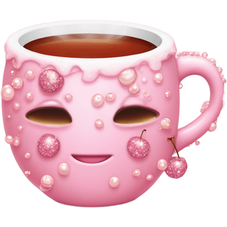 soft pink mug filled with steaming hot cherry tea, decorated with blush pink pearl and sparkly embellishments (aesthetic, cute) emoji