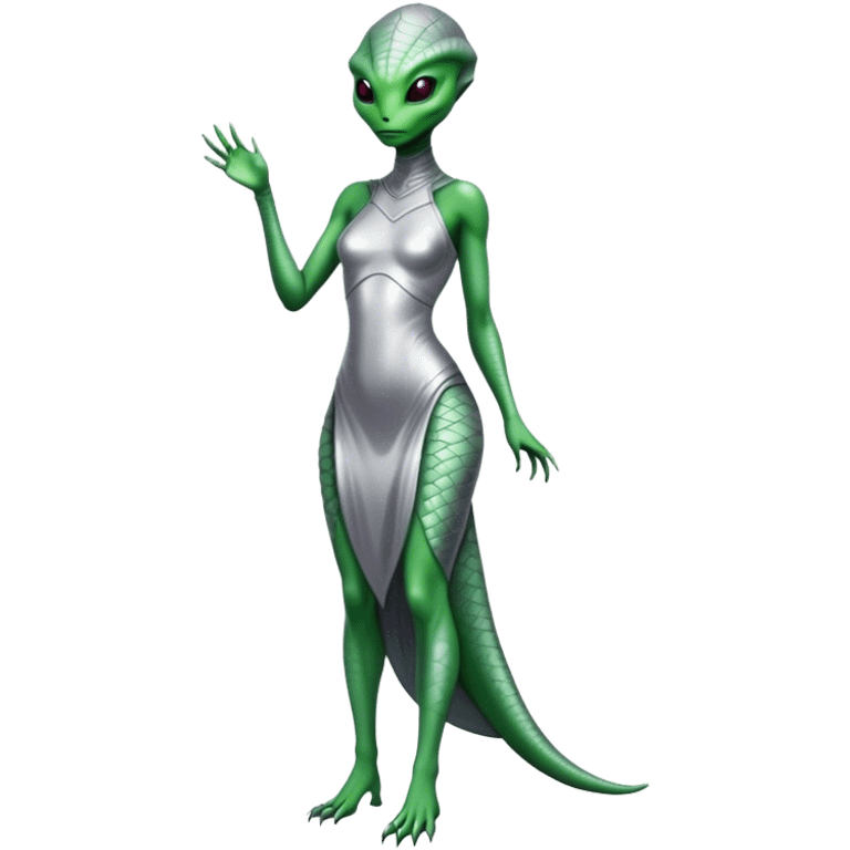 Green Alien reptilian woman in silver dress, full figure emoji