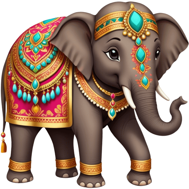 Decorated Indian elephant – Cinematic Realistic Decorated Indian Elephant, depicted as a majestic elephant adorned with vibrant, ornate ceremonial decorations and rich, colorful fabrics, set against a festive Indian backdrop with warm golden lighting that highlights its cultural significance. emoji