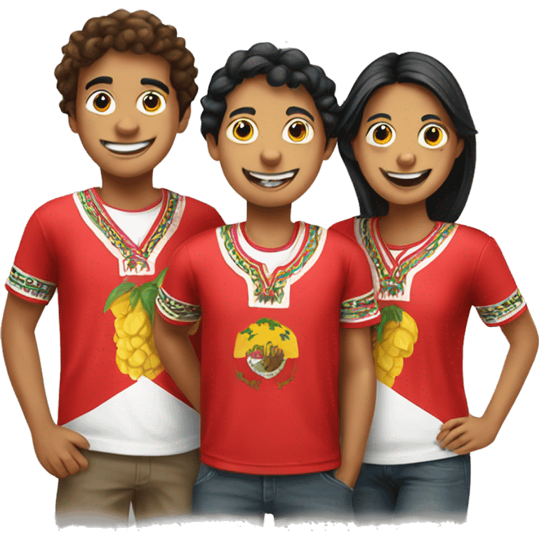 happy peruvian group of 3 friends with Peruvian shirts emoji