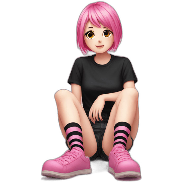 full body Front view emo girl sits on the floor black skirt pink knickers long striped socks emoji