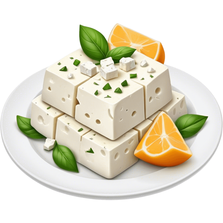 Feta Cheese Cinematic Realistic Feta Cheese Dish Emoji, depicted as slices of tangy, creamy feta cheese served on a plate, rendered with crisp textures and soft, natural lighting. emoji