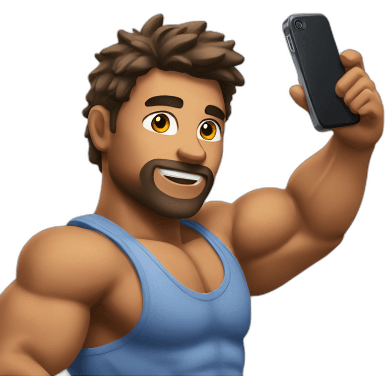 A muscular man posing with his phone taking selfie emoji