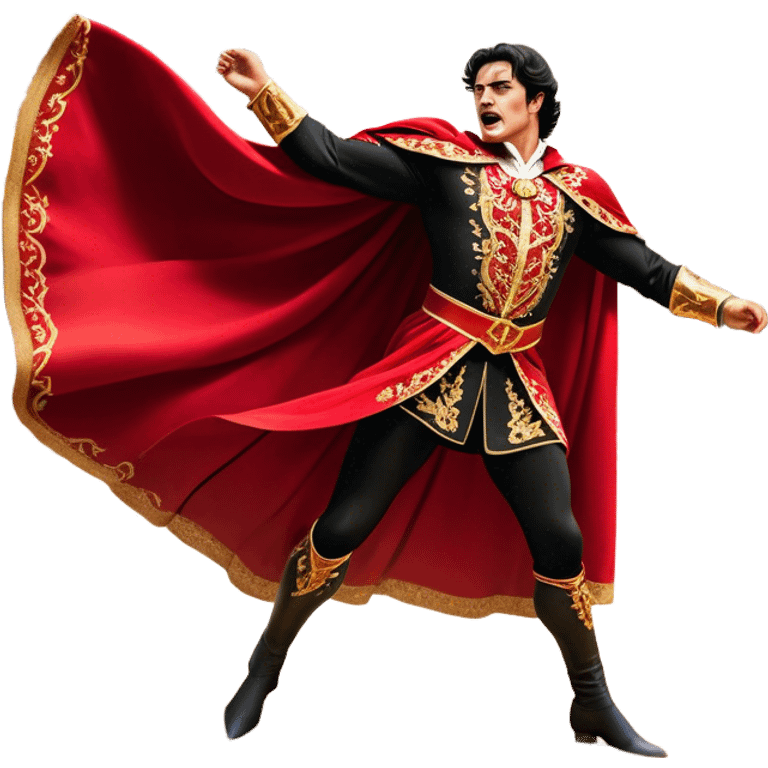 ​Cinematic Realistic Spanish Matador Holding a Red Cape, depicted in mid-action with a vibrant red cape flowing in the wind, dressed in an ornate traje de luces with shimmering details, confronting a charging bull in a dramatic arena, rendered with dynamic motion blur and vivid, high-contrast lighting, emoji