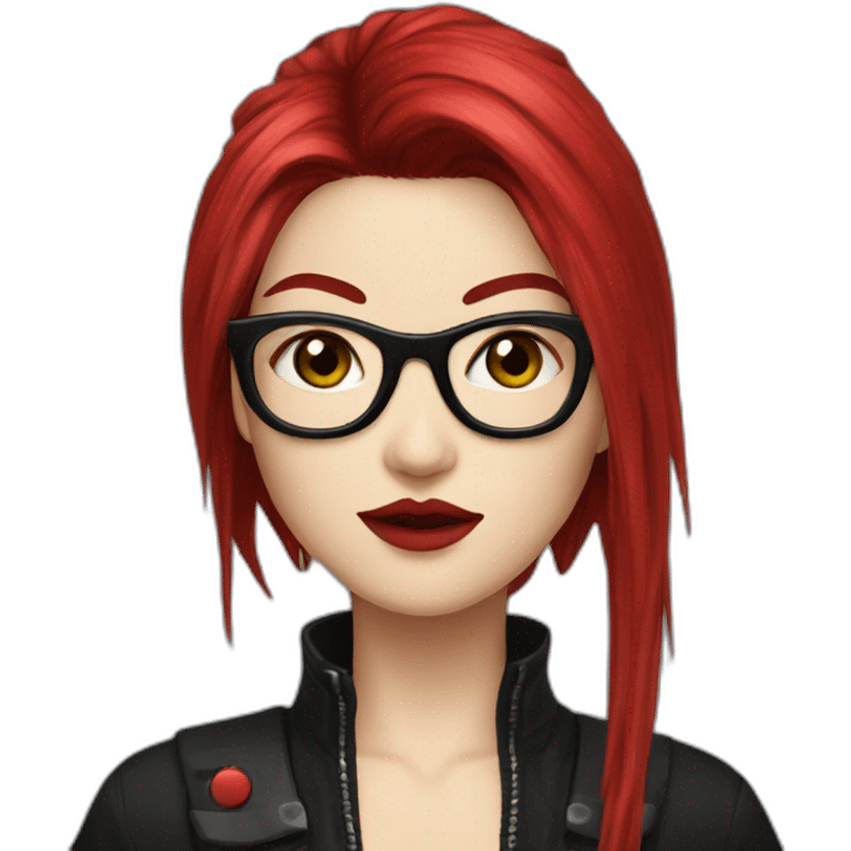 A Japanese Woman With Long Spiky Black And Red Hair And Red Make Up. Green Eyes. Punk. Glasses.  emoji