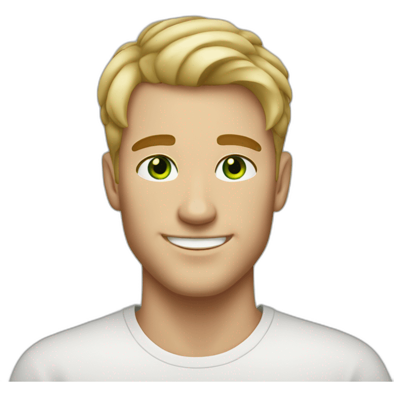 Handsome man smiling with freckles and green eyes. Short blond raid hair. emoji