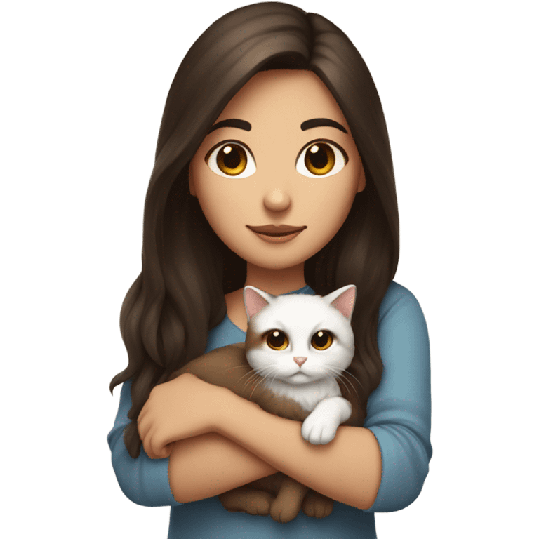 girl with dark brown hair and brown eyes, holding her brown and white cat with very long cat hair emoji