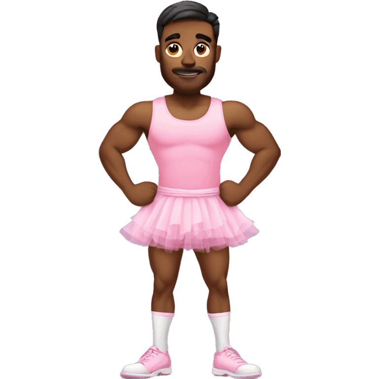 Nervous handsome buff male in pink tutu, full body emoji