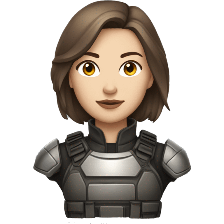 A fierce, young woman with a petite and slender build, pale, and shoulder-length, brown hair with a silver strand. She’s wearing dark, tactical battle gear. emoji