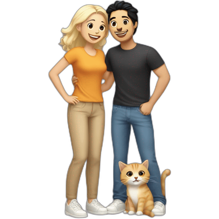 Gay couple, 1 Latino black hair and 1 Australian blonde hair with a cat in the middle laughing full body emoji