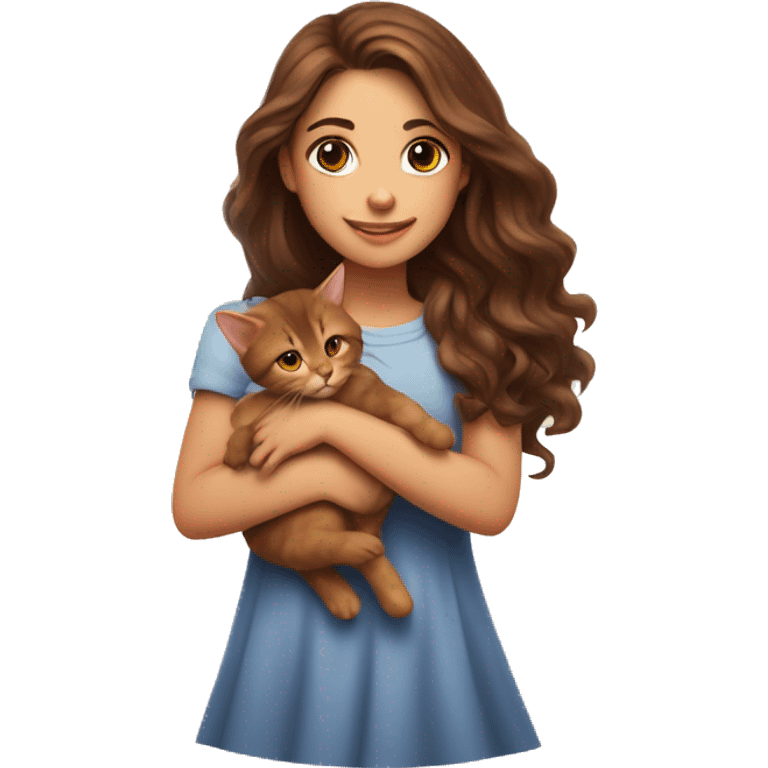 A girl with long wavy brown hair and brown eyes holds a small red kitten emoji