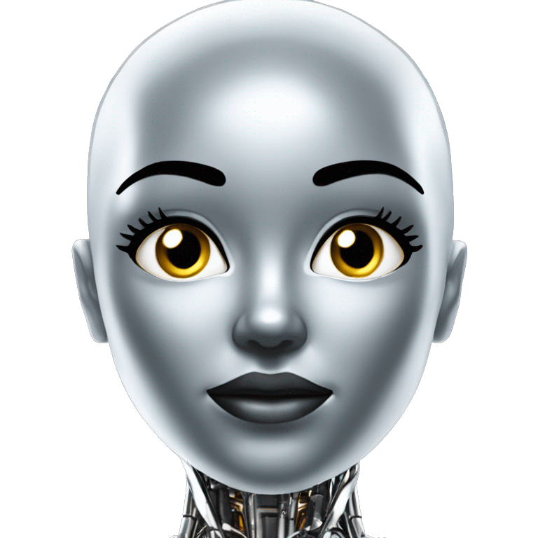 Create a bald female robot in chrome metal color in a futuristic environment emoji