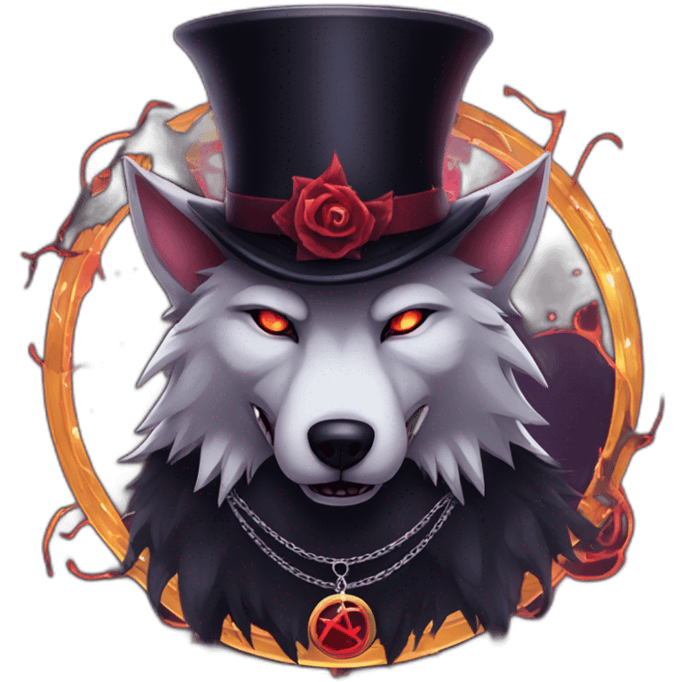 demonic wolf with pentagram top hat and a demonic chain and a mysterious night emoji