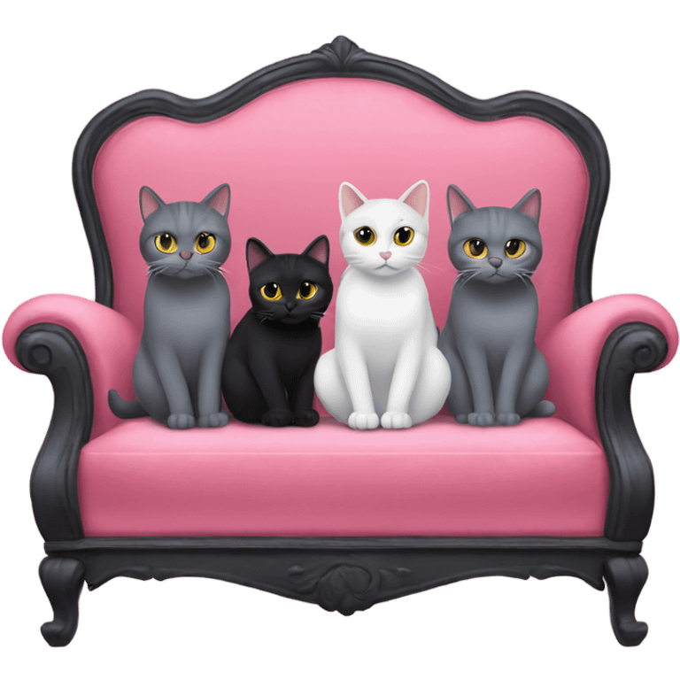 2gray cats and 1 black cat sitting on a pink velvet sofa emoji