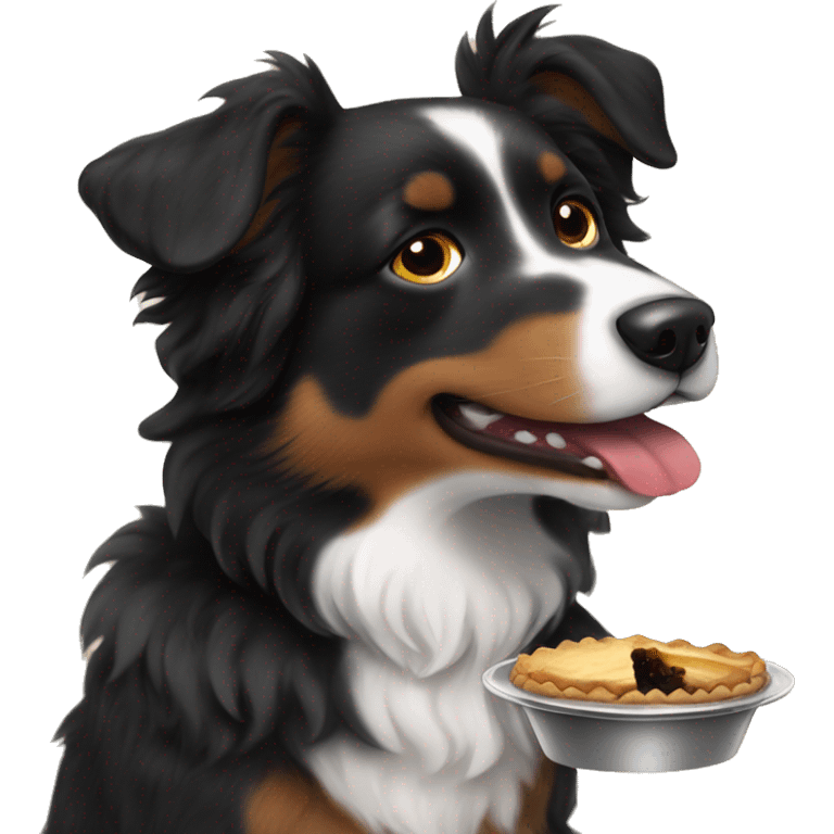 Small black australian shepherd dog eating pie  emoji