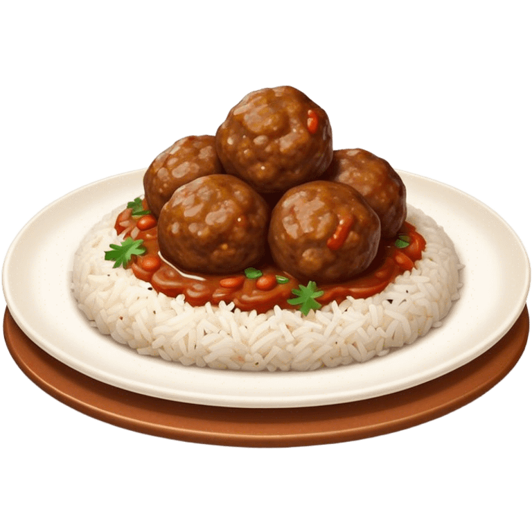 Kofte Cinematic Realistic Kofte Dish Emoji, depicted as spiced meatballs served alongside a portion of fragrant rice, rendered with rich textures and warm, appetizing lighting. emoji