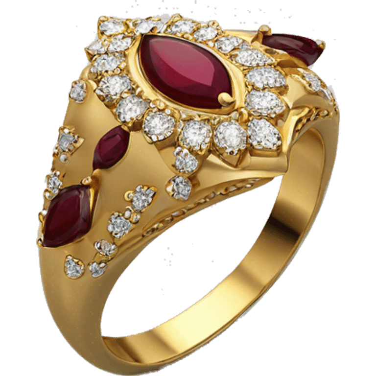 Marquis ring with gold band with mini diamonds and 2 dark rubies on either side emoji