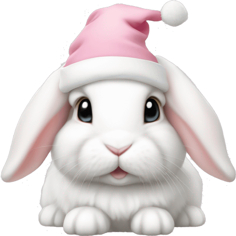 White mini lop rabbit in a light pink Santa hat emoji