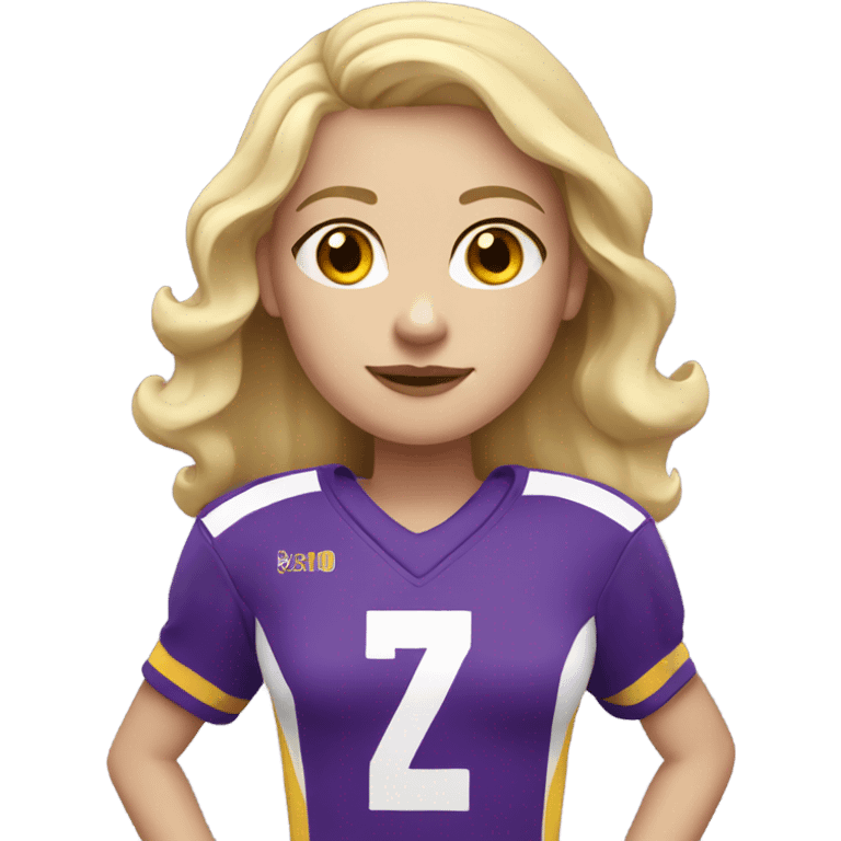 Pale Girl with blonde hair. She is wearing a purple and yellow football jersey emoji