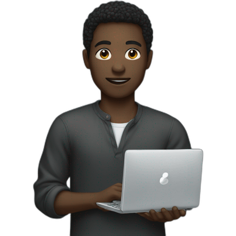 A dark-skinned young man holding a computer emoji