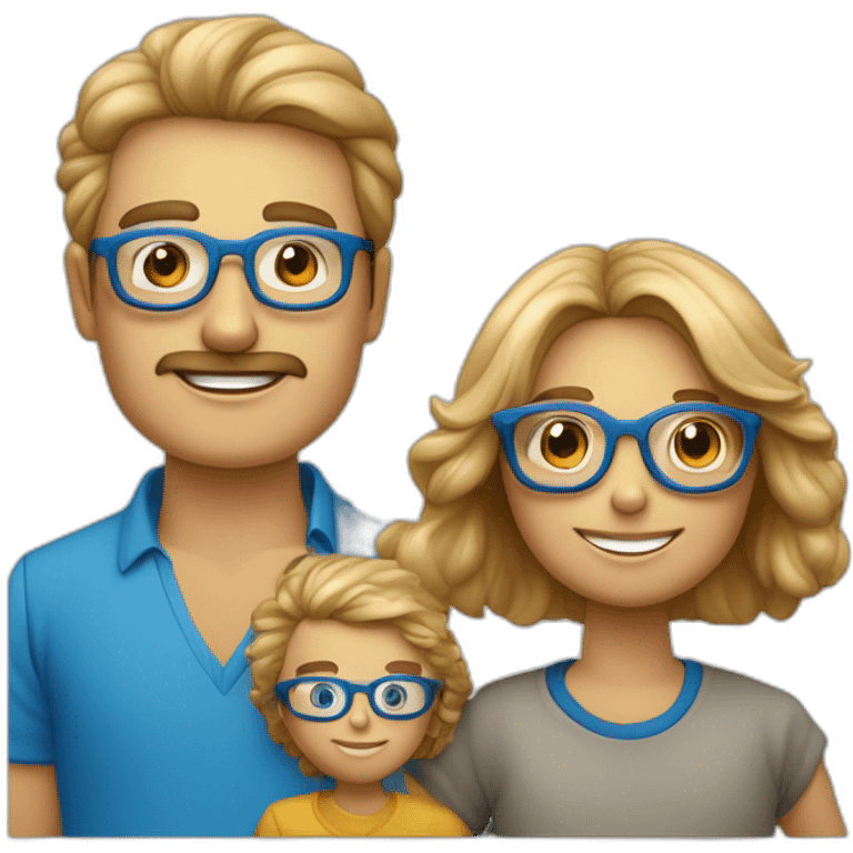 Familia de padre calvo con gafas, madre rubia de pelo largo, niño rubio de 8 años con gafas azules  y niño de pelo castaño de 12 años con gafas azules emoji