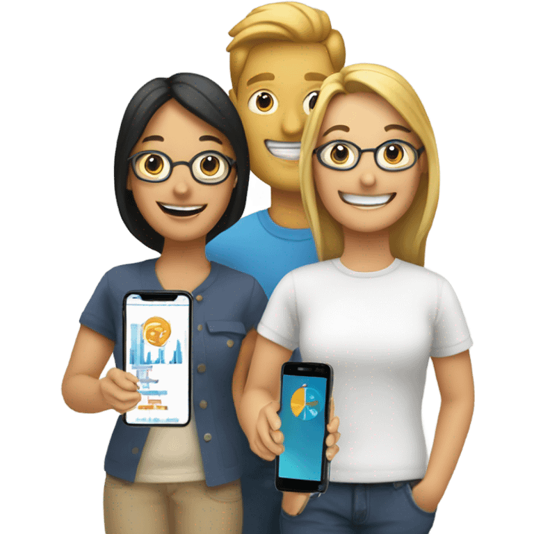 group with three happy person with a smartphone showing charts emoji