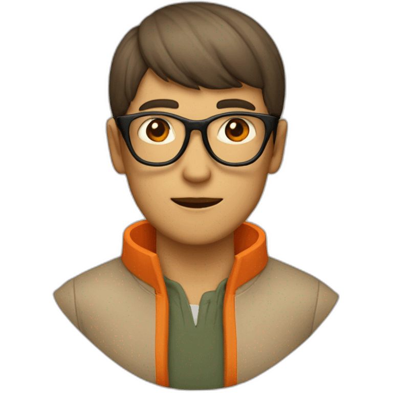 a man with a bowl cut brown glasses, a orange jacket emoji